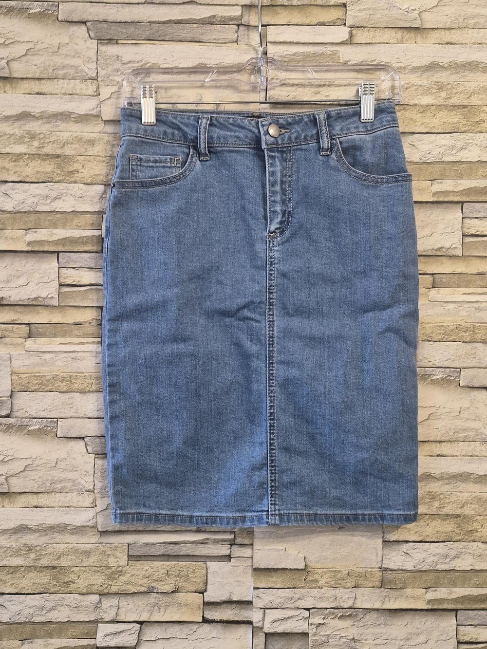 ​FOREVER 21 Contemporary Pencil Skirt Women M Blue Wash Stretch Work Slit Casual